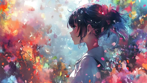 Side-profile anime portrait amid chaotic chromatic dispersion.