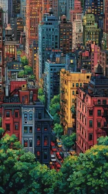 Chromatic high‑rise canyon with arborized urban corridor.