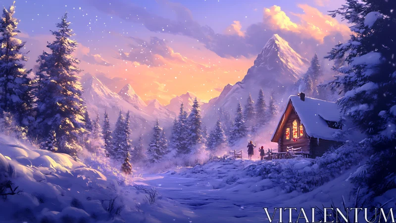 High-latitude alpine cabin under emissive winter twilight.