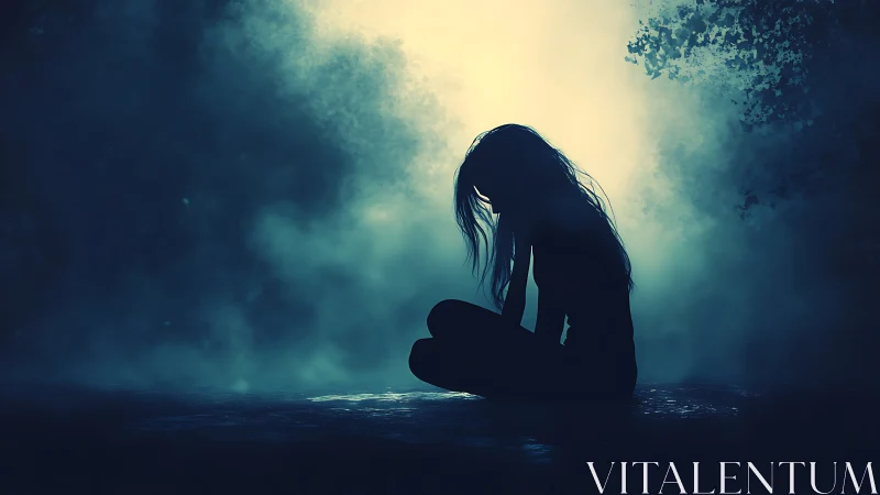 Silhouetted figure sits against diffuse backlit fog bank