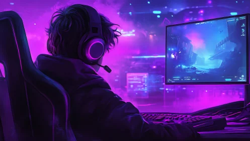 Person at desktop gaming setup in neon purple environment.