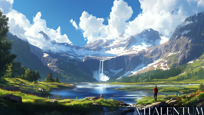 Morning wanderer greets bright mountains and waterfall lake