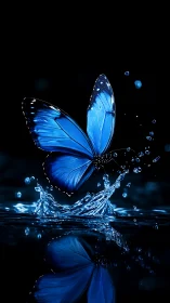 Blue butterfly emerging from water against dark backdrop.