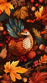 Autumnal turkey illustration with botanically dense foliage matrix.