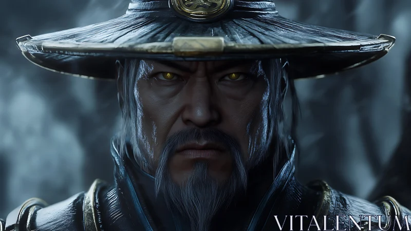 Stoic warrior mage stares forward beneath weathered hat