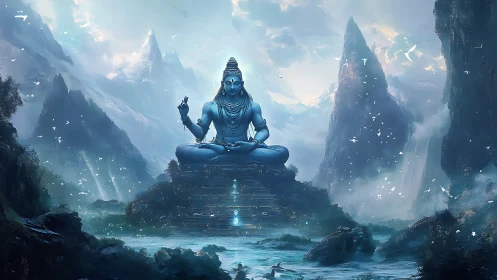 Monumental blue deity meditating amid ethereal glacial peaks