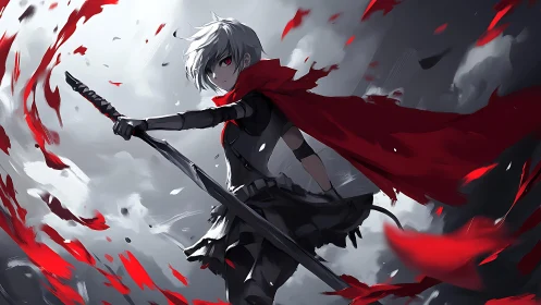Red-caped anime swordswoman commands dynamic storm of petals
