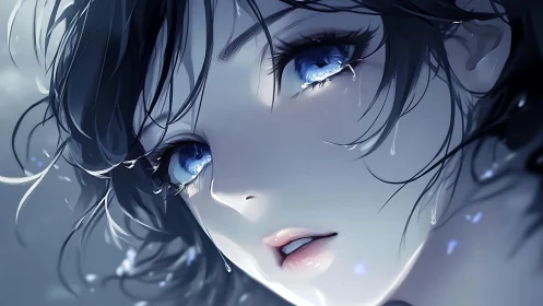 Close-up anime portrait shows wet face with glowing eyes