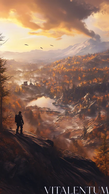 Lone wanderer overlooking vast molten autumn valley.