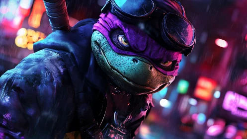 Cyberpunk turtle warrior in neon-soaked nocturnal streets