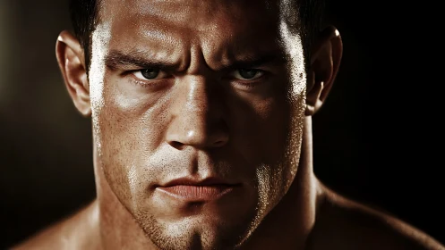 Intense male athlete portrait under dramatic sweat sheen.
