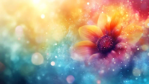 Dreamlit flower drifting through a soft cosmic rainbow glow.