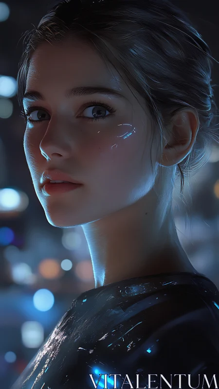 Rendered female portrait depicts reflective cybernetic detailing