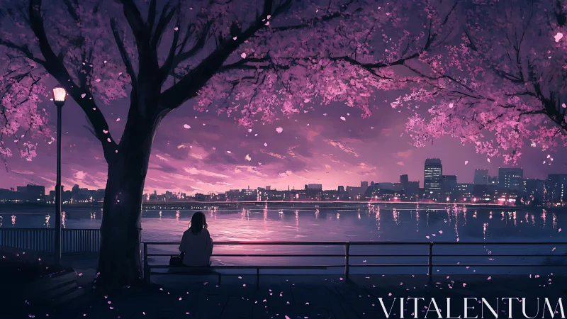 Twilight riverside skyline under luminous sakura canopy in bloom