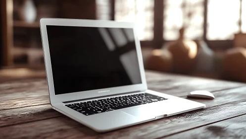 Silver laptop rests on rustic wooden desk in soft daylight.