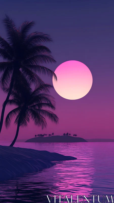 Tropical Sunset Seascape with Silhouetted Palm and Lunar Orb.