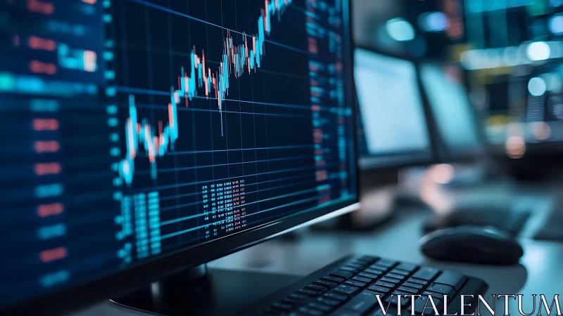 Multi-monitor trading workstation displays candlestick market analytics