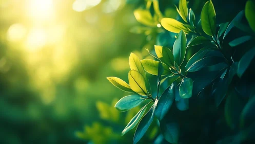 Sunlit Green Leaves with Soft Bokeh Background in Nature Style.