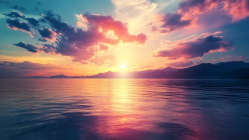 Sunset aligns over distant mountains and reflective sea