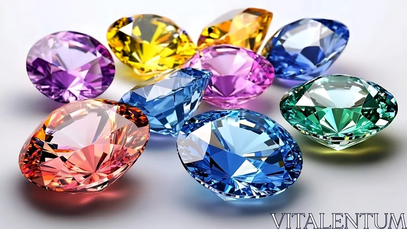 Multicolored faceted gemstones arranged on neutral surface.