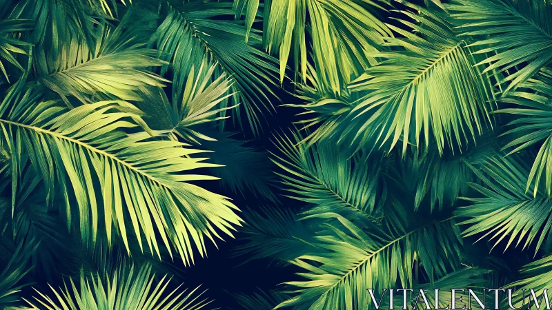 Overlapping palm fronds forming dense green foliage pattern.