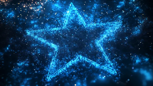 Shimmering blue star glows gently in a dreamy night sky