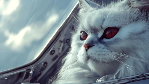 Mesmerizing White Cat With Crimson Eyes Looking Out