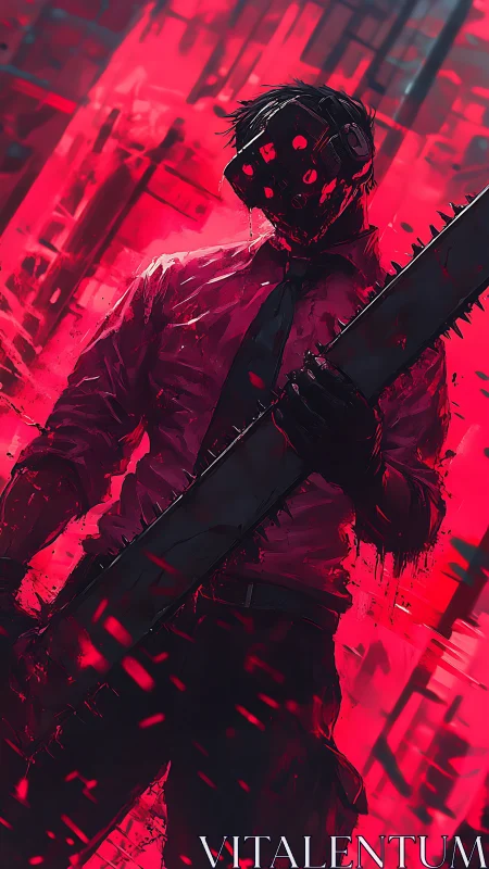 Neon-drenched chainsaw guardian in a crimson storm.