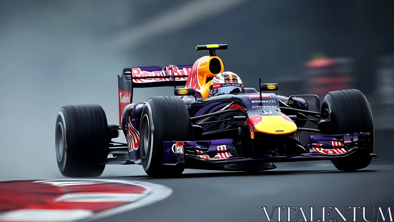 Formula race car moves on wet circuit with visible motion blur