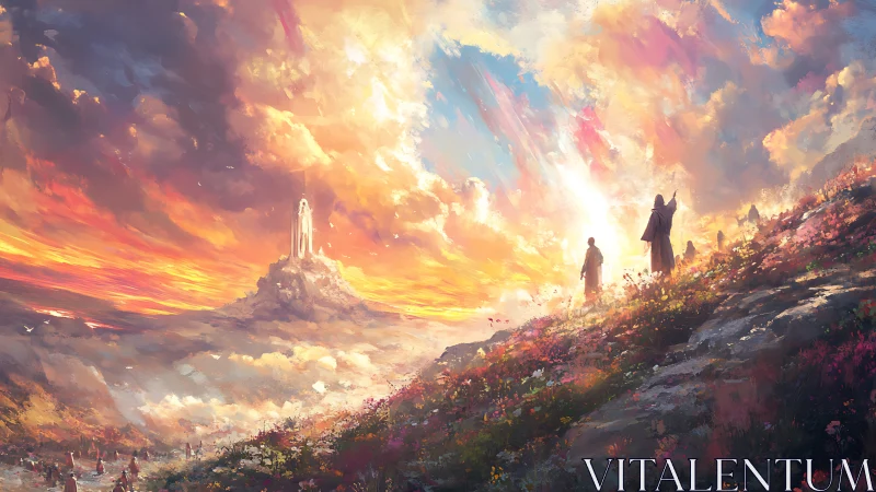 Pilgrims ascend a sunlit hill toward a distant radiant spire