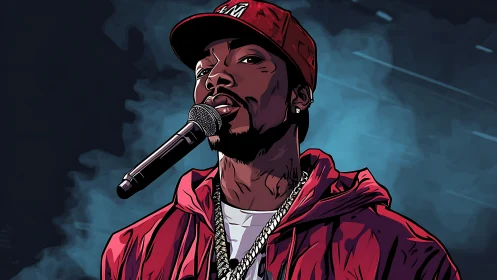 Rapper in red jacket sings into microphone on smoky stage