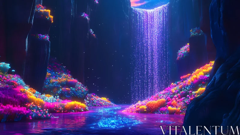 Bioluminescent cavern waterfall with neon flora and volumetric light