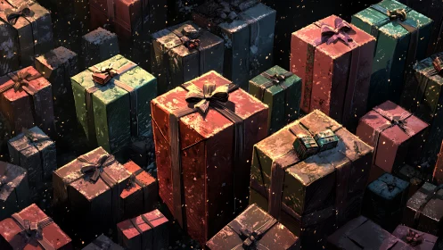 Stratified festive parcels in volumetric cinematic lighting.