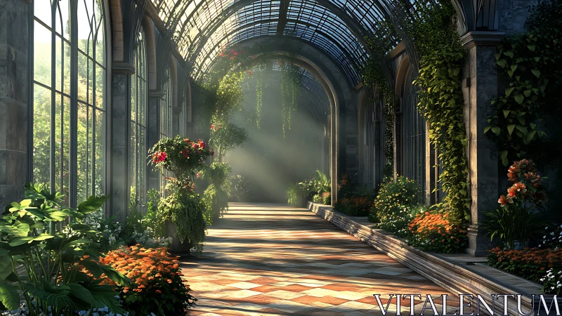 Sunlit glass conservatory corridor with lush greenery.