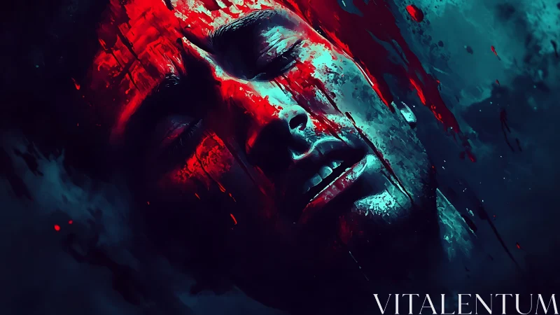 Blood-smeared male face floats in dark teal void