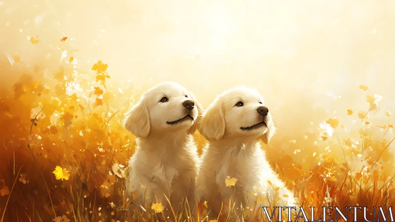 Golden puppies basking in soft autumn light together.