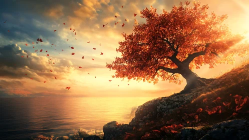 Autumn tree leans into a radiant sunset above tranquil sea.