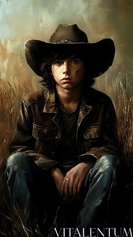 Weathered young cowboy rests in golden, windswept field