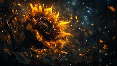 Sunflower rendered in luminous abstract cosmic field.