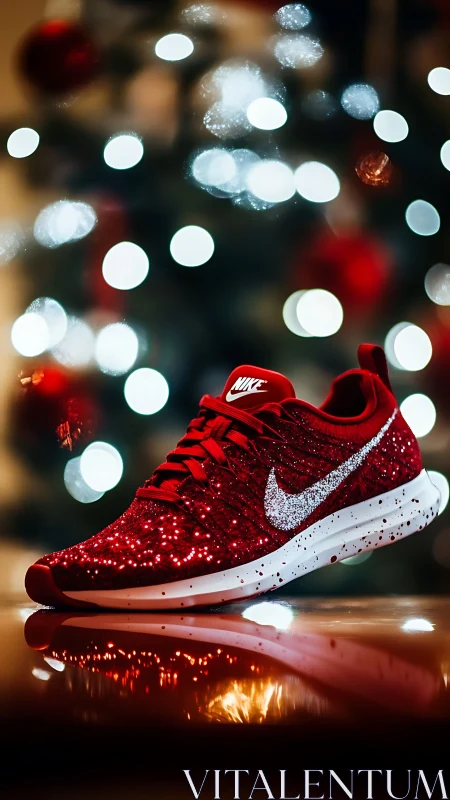 Glittering red sneaker with festive bokeh backdrop focus.