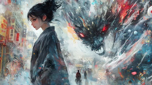 Digital painting of urban sorceress and spectral dragon convergence.