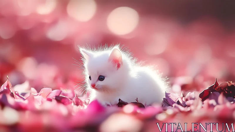 White Kitten Among Pink Rose Petals in Soft Focus.