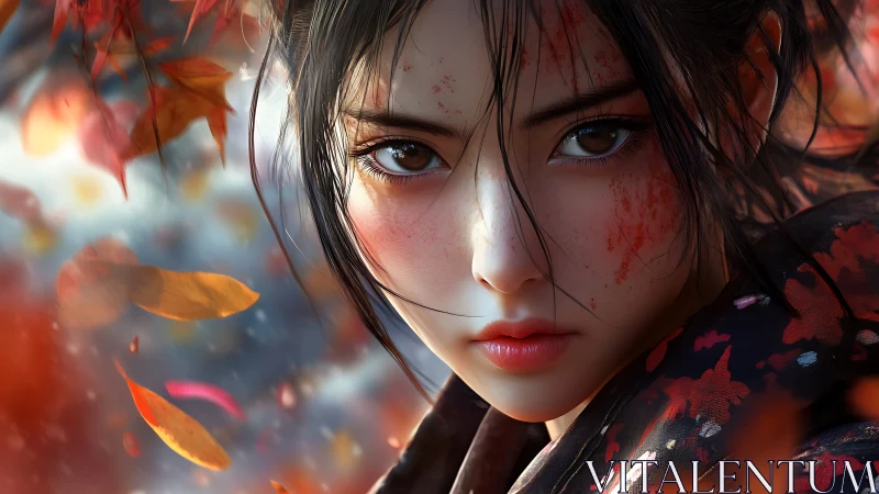 Autumn warrior’s gaze burning beneath falling crimson leaves.