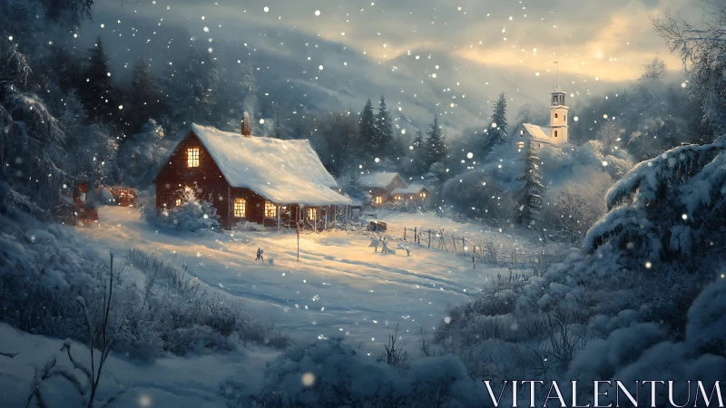 Snow covered cabin and village under soft evening light