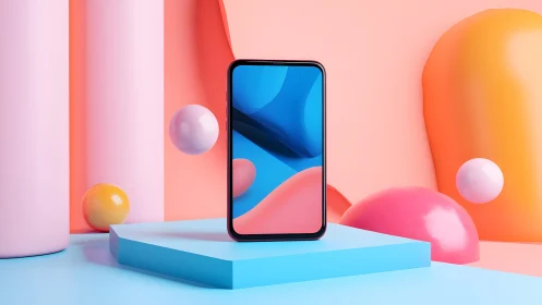 Modern smartphone on pastel geometric podium, vibrant 3D render.