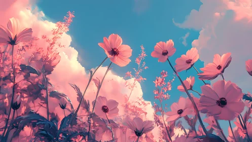 Pink Cosmos Blooms Against Azure Sky with Volumetric Cloud Lighting.