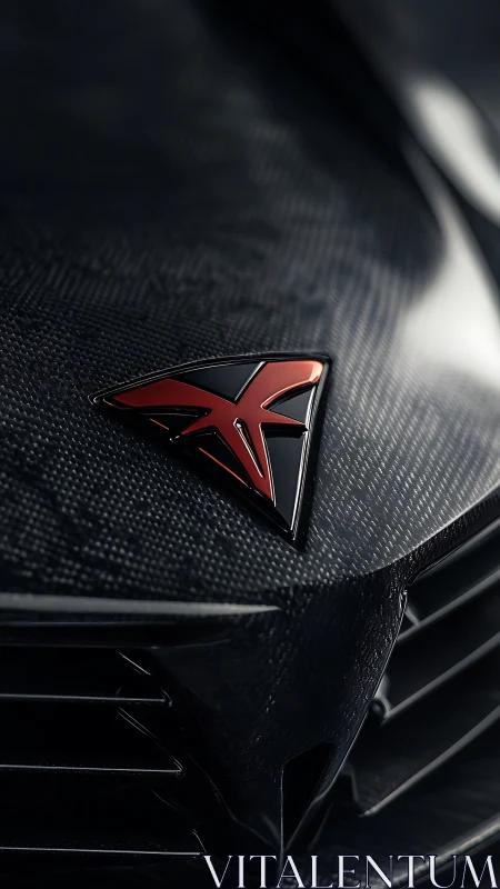 Sleek red triangle car badge rests on sculpted carbon fiber