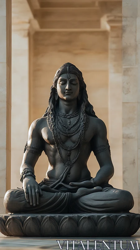 Silent stone yogi welcomes calm in a sunlit temple hall