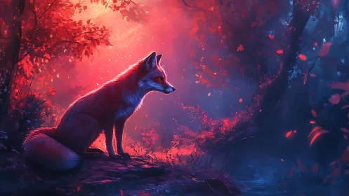 Fox in glowing twilight forest waiting on the riverbank.