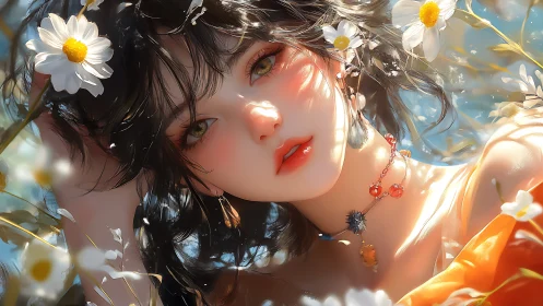 Sunlit floral portrait with luminous anime-inspired gaze.
